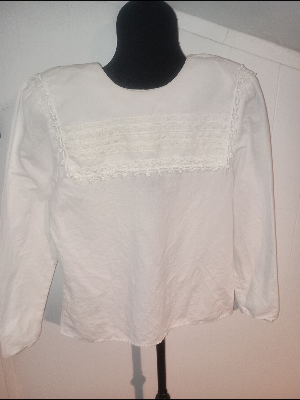 Vintage White Lace Pintuck Yoke Long-Sleeve Blouse Cottage Core Kawaii